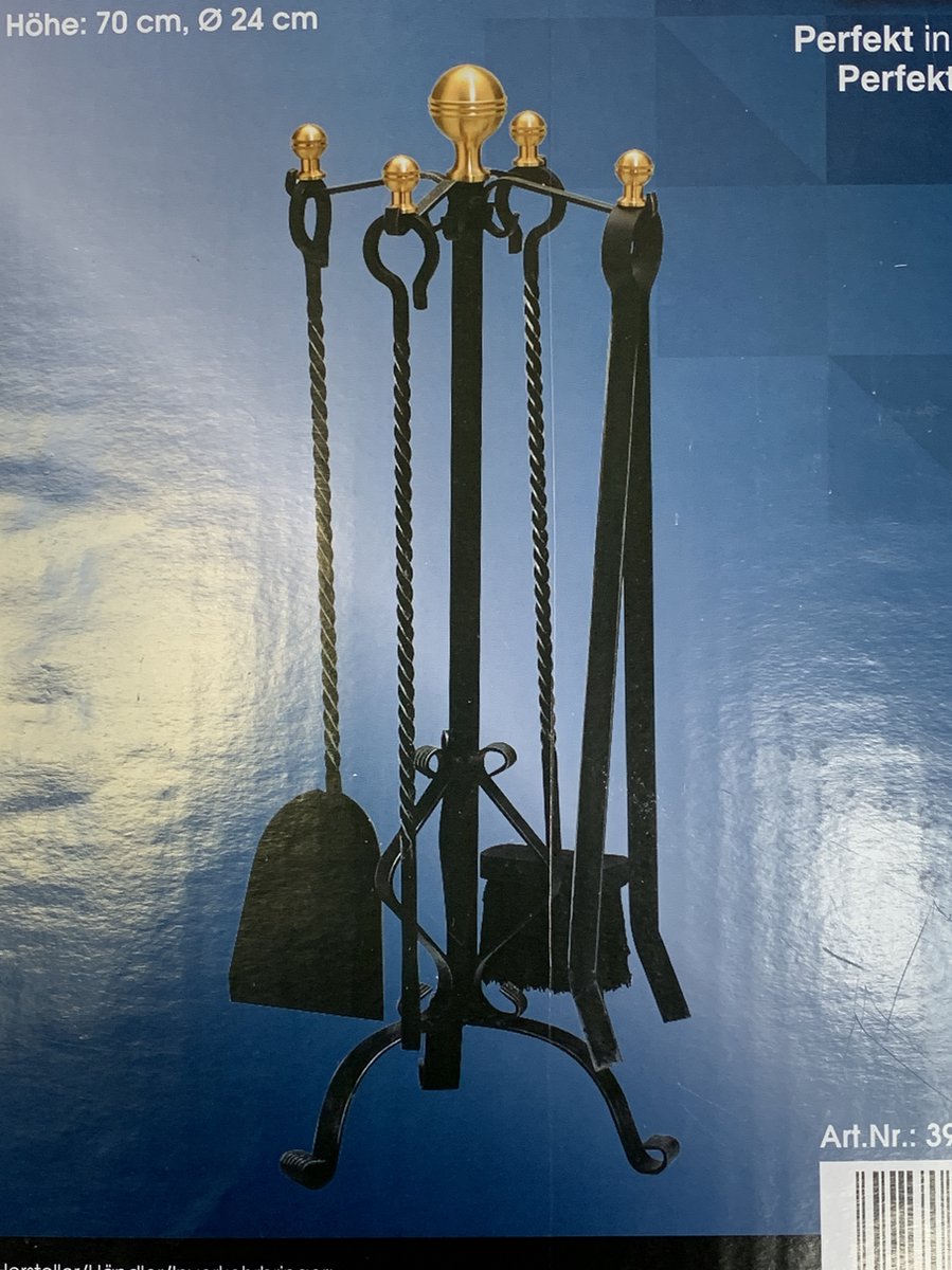 Fireside tools 4-piece - fireplace set - wrought iron - brass balls - black patinated