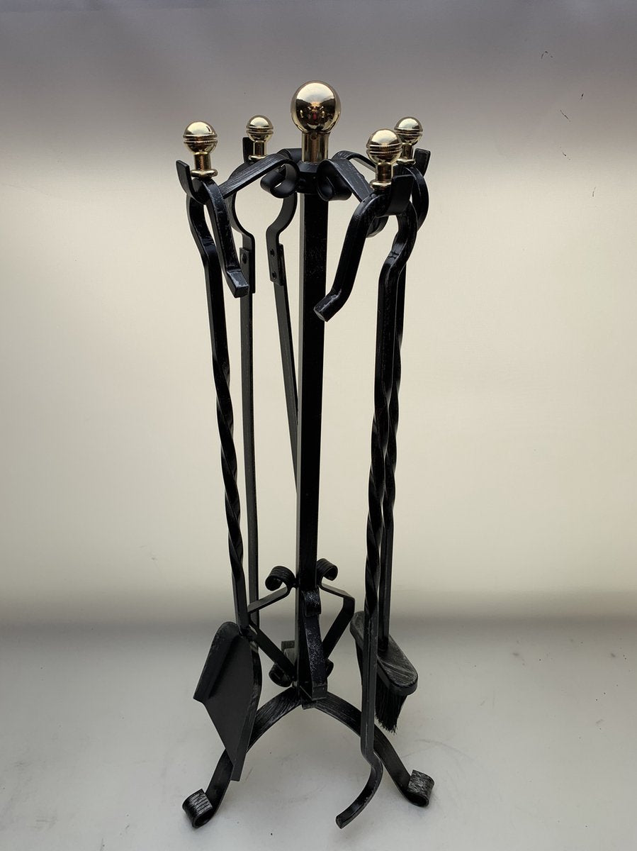 Fireside tools 4-piece - fireplace set - wrought iron - brass balls - black patinated