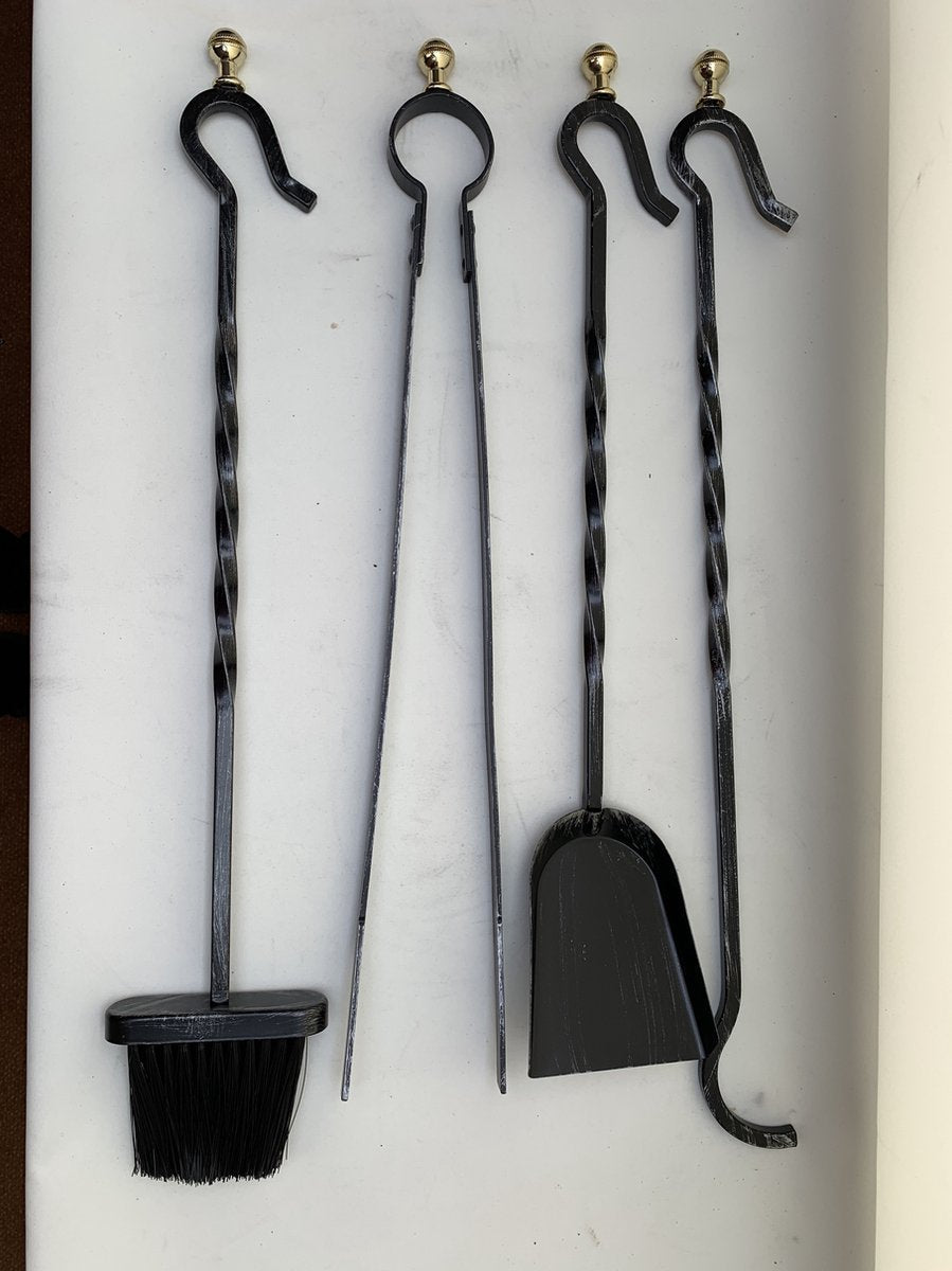 Fireside tools 4-piece - fireplace set - wrought iron - brass balls - black patinated