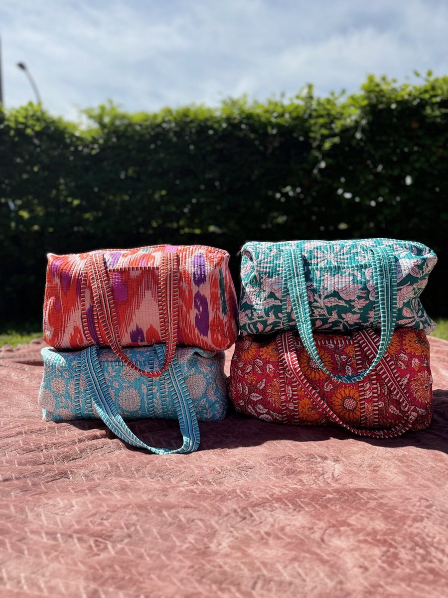 Weekendtas - Schoudertas - India - Luiertas - Groot - Dufflebag - Groen Roze bloemen