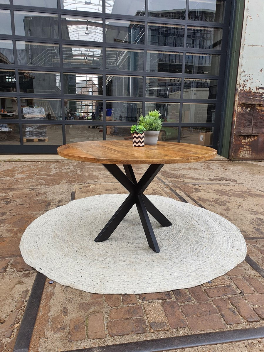 Eettafel rond - 130cm - mango - zwart - metalen 4-poot