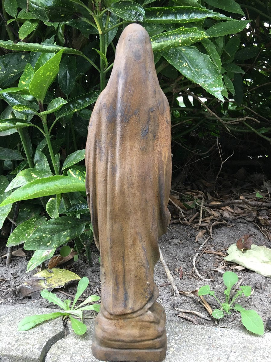 Stone statue of Mary, beautifully detailed, oxidized color