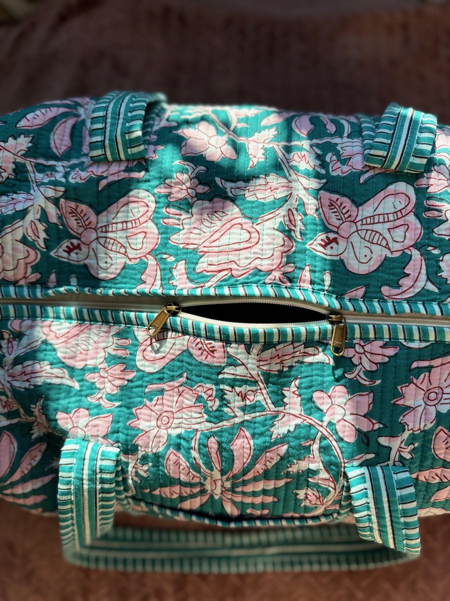 Weekendtas - Schoudertas - India - Luiertas - Groot - Dufflebag - Groen Roze bloemen