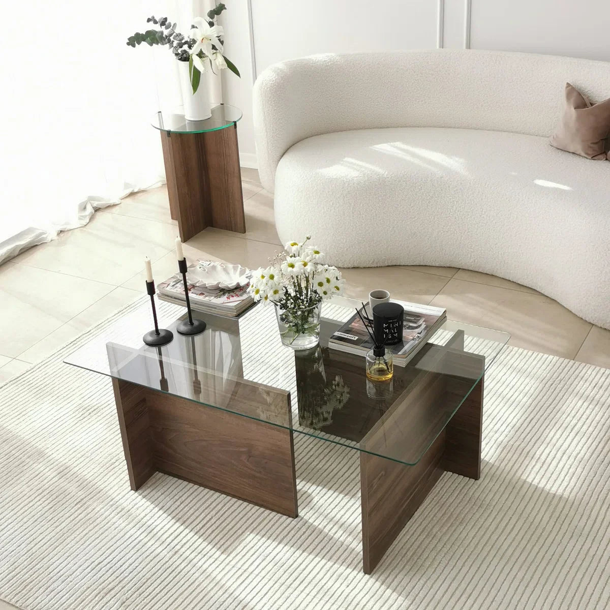 Coffee table - Walnut Finish - Tempered Glass - Dimensions 105x65x40cm - Stylish Table for every Living Room