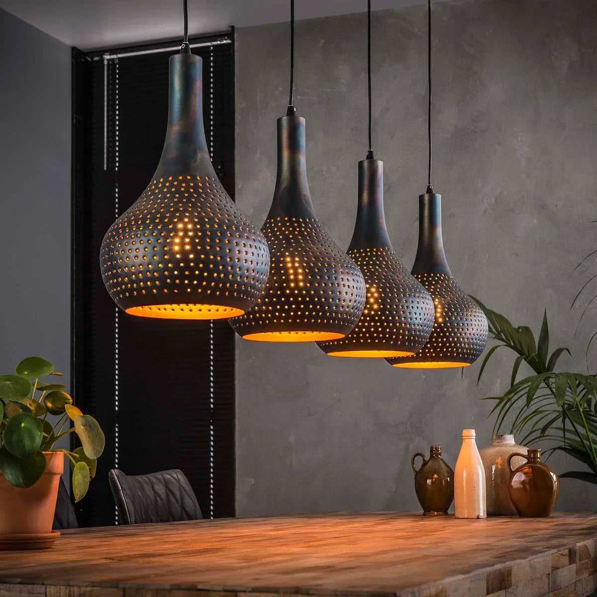 Rural industrial pendant lamp gunmetal | 4-light | brown/black | metal | height adjustable up to 150 cm | Ø 25 cm | dining room/dining table lamp | modern/atmospheric design