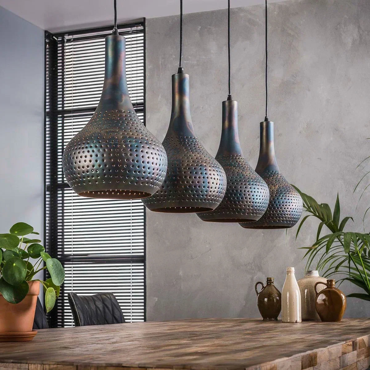 Rural industrial pendant lamp gunmetal | 4-light | brown/black | metal | height adjustable up to 150 cm | Ø 25 cm | dining room/dining table lamp | modern/atmospheric design