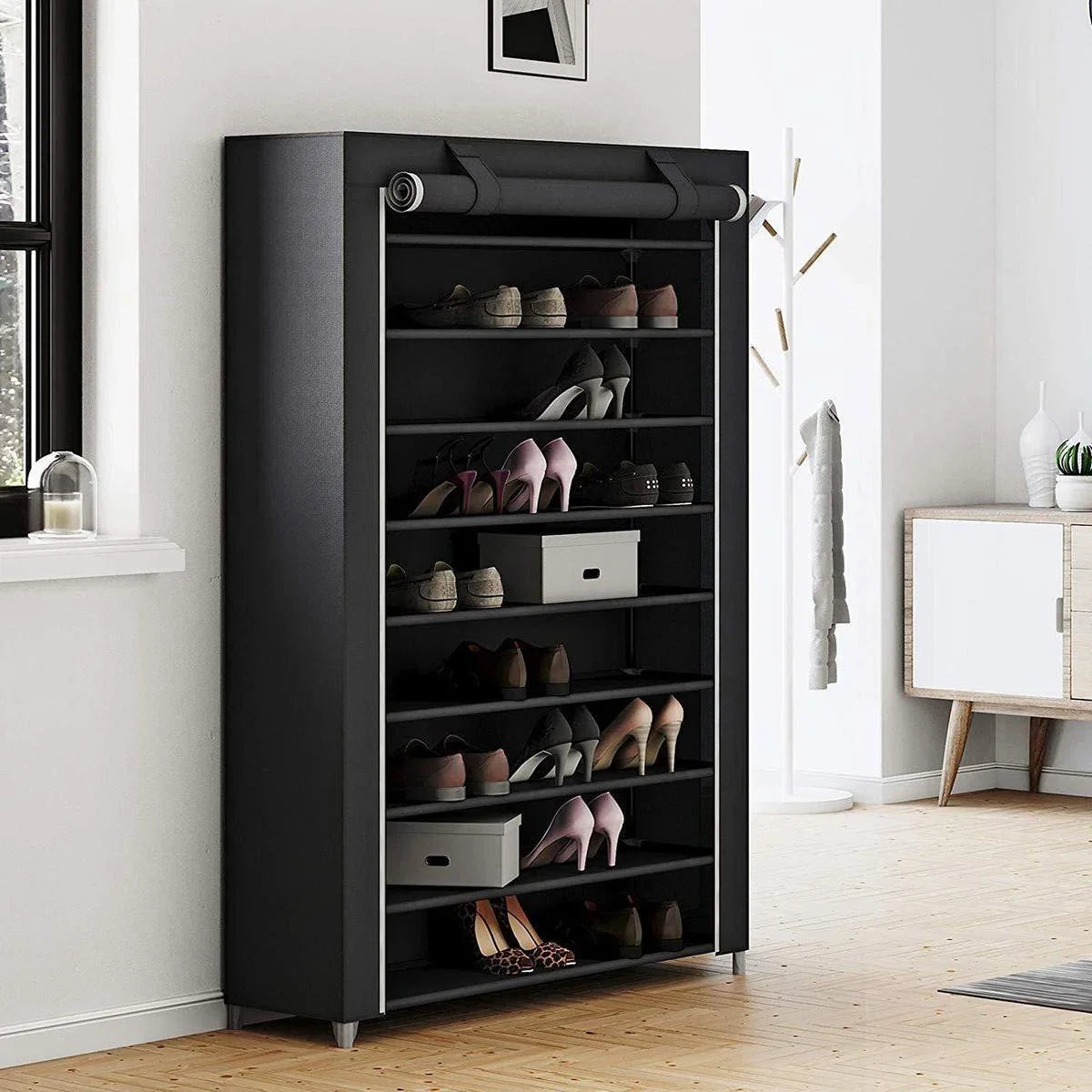 SM1Z XXXL - Folding Shoe Cabinet - 10 Tiers - Fabric Wardrobe - Clothes Closet - Storage Cabinet - Black - 100 x 28 x 164 cm