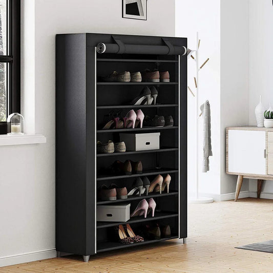 SM1Z XXXL - Folding Shoe Cabinet - 10 Tiers - Fabric Wardrobe - Clothes Closet - Storage Cabinet - Black - 100 x 28 x 164 cm