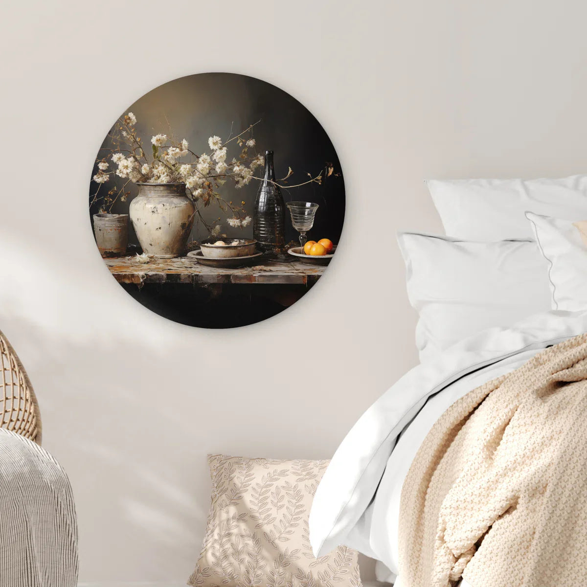 WallCircle® Wandcirkel 60x60 cm - Muurcirkel Stilleven - Bloemen - Boeket - Vaas - Wijn - Kunst - Muurdecoratie woonkamer - Wanddecoratie slaapkamer - Keuken - Kamer decoratie accessoires - Ronde schilderijen - Woonaccessoires