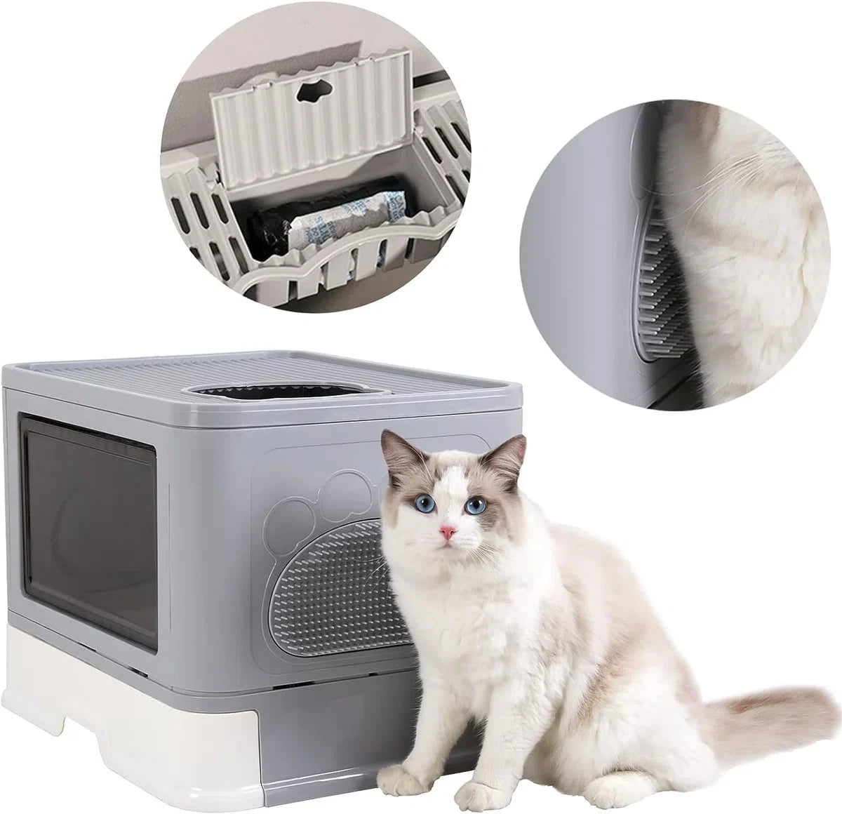 Covered Cat Litter Box - Large Opening - XXL Foldable Litter Tray - Scoop - Cat Brush - No Odor and Litter Tracking