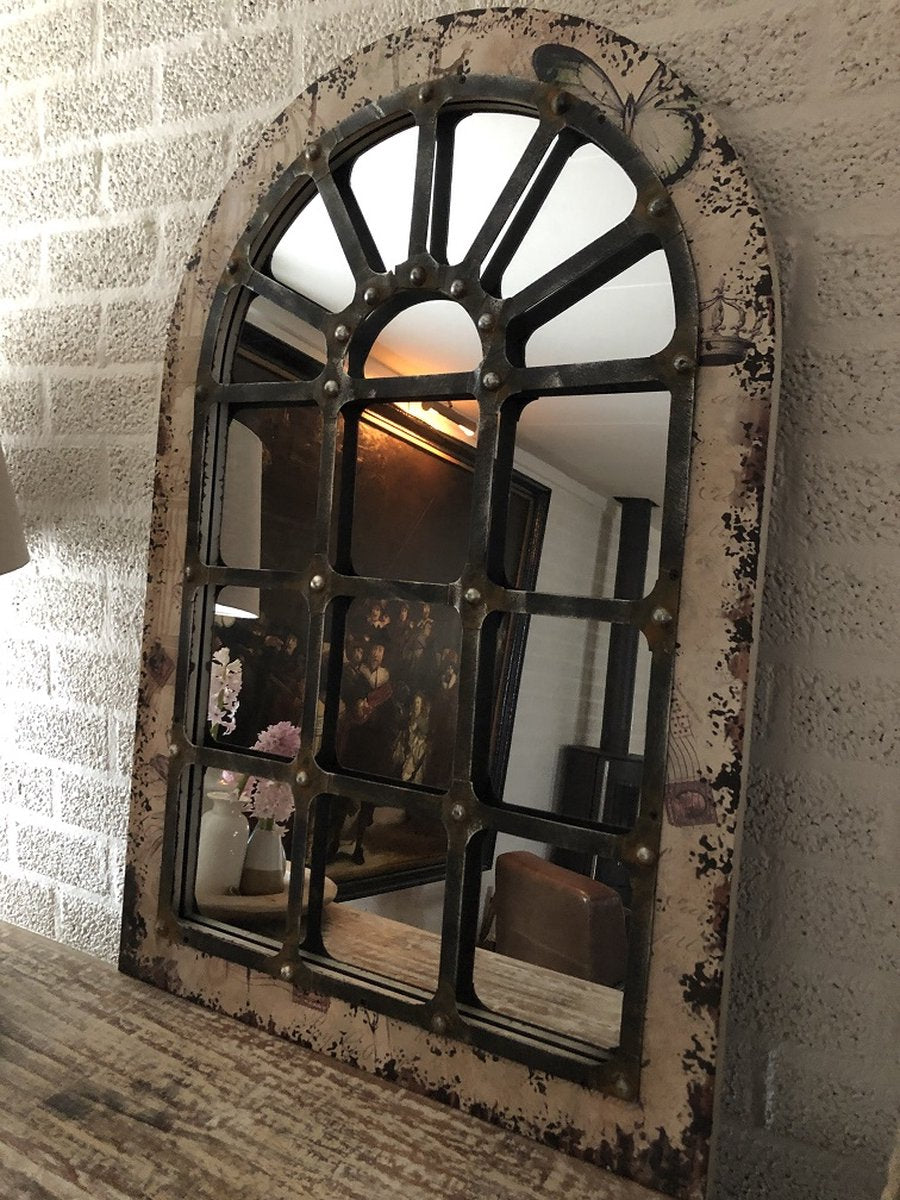 Large, sturdy stable window mirror, beautifully shaped and robustly made.