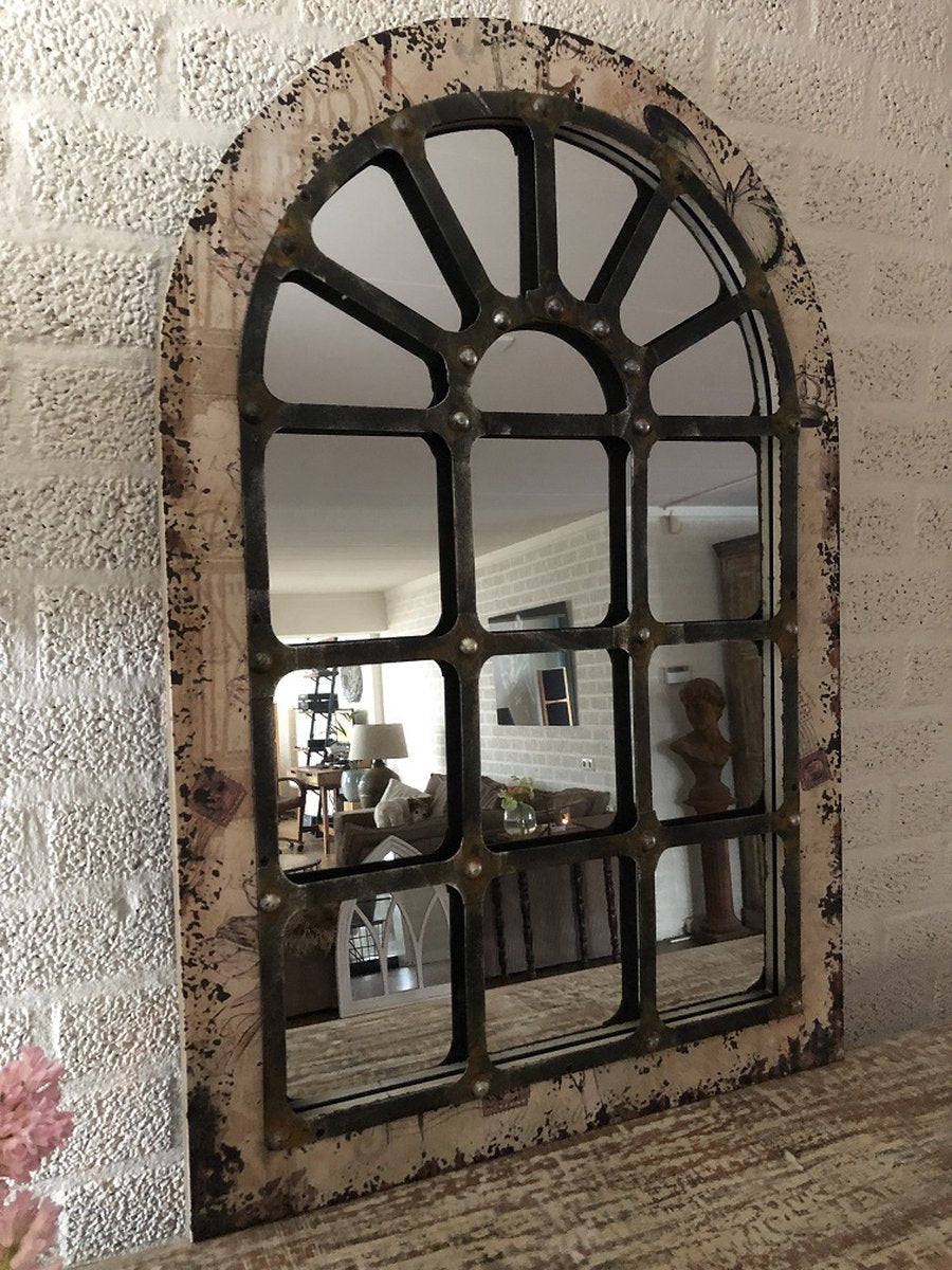 Large, sturdy stable window mirror, beautifully shaped and robustly made.