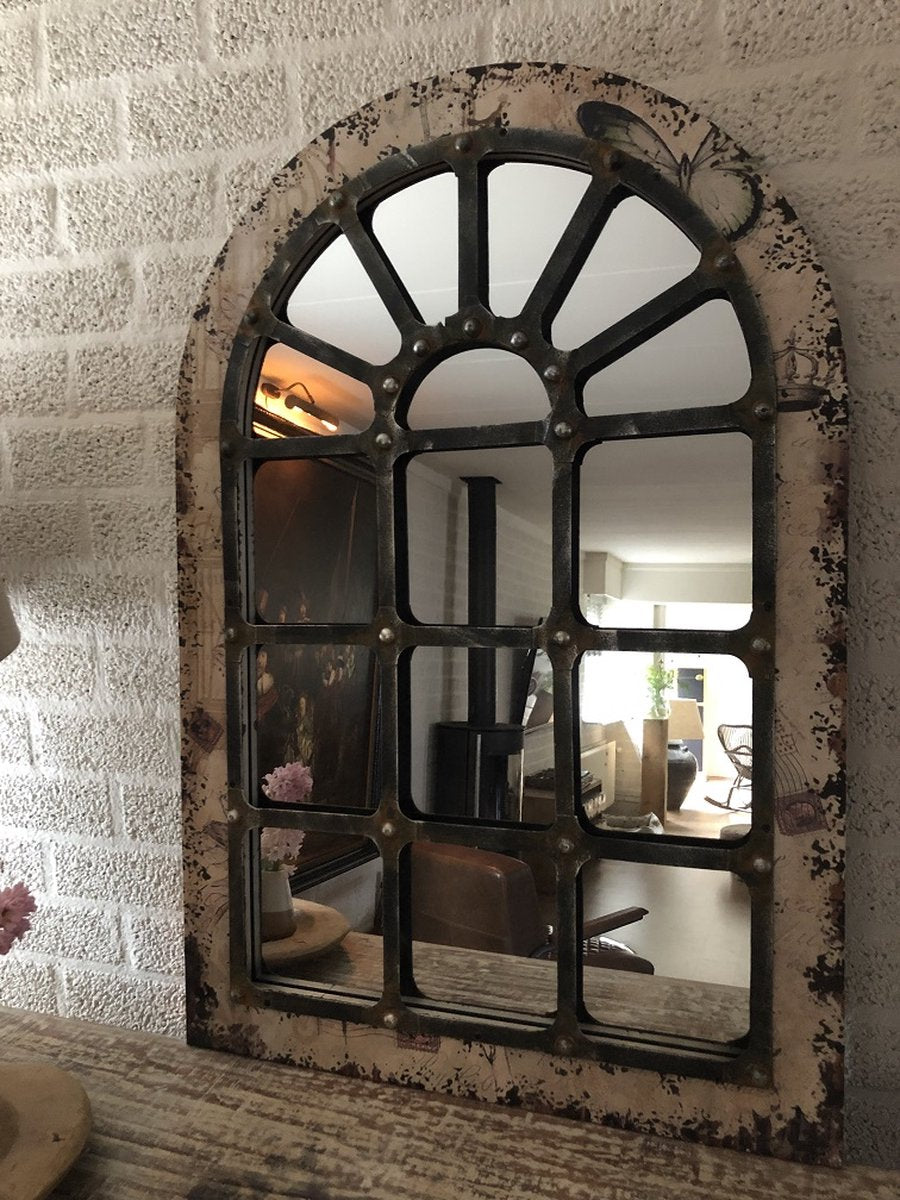 Large, sturdy stable window mirror, beautifully shaped and robustly made.
