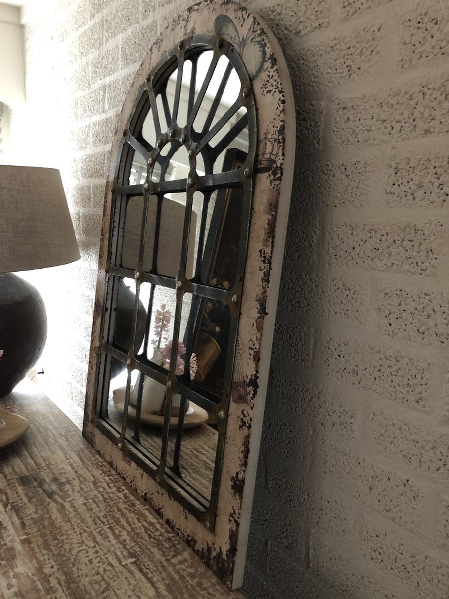 Large, sturdy stable window mirror, beautifully shaped and robustly made.
