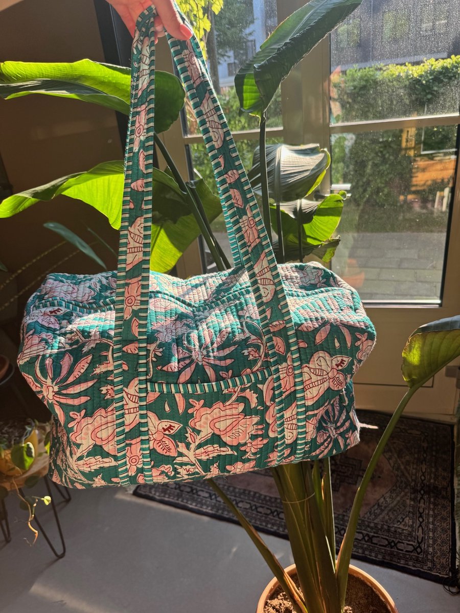 Weekendtas - Schoudertas - India - Luiertas - Groot - Dufflebag - Groen Roze bloemen