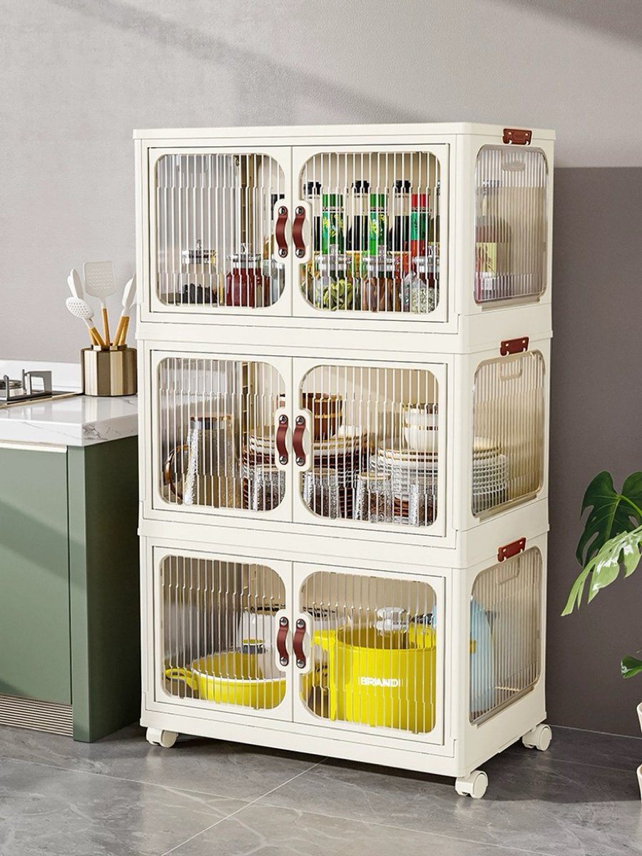 Storage cabinet - Foldable - Storage cabinets with doors - With wheels - Storage boxes - Storage box - Width 63cm - 2 layers - Storage - Organizer - Tidying up - Kitchen - Bathroom - Living room - Bedroom