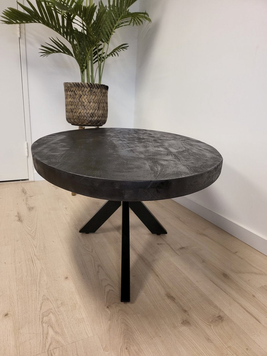 Salontafel Anne - volledig zwart - ovaal 120 cm lang mangohout met matrixpoot 80 cm breed metalen frame