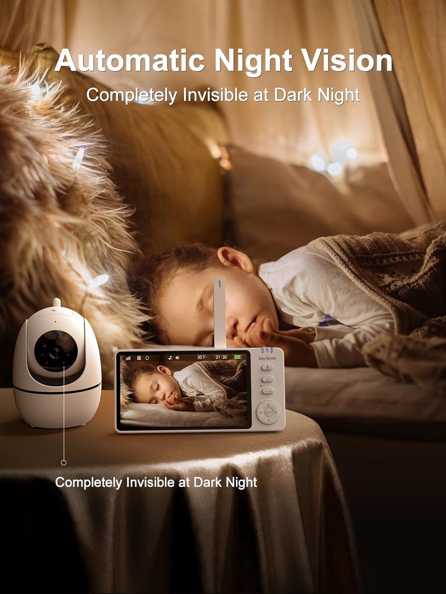 5 inch Babyfoon Camera 720p met Nachtzicht, VOX-communicatie, Tweeweg-Temperatuursensor en 8 Slaapliedjes - 3500mAh