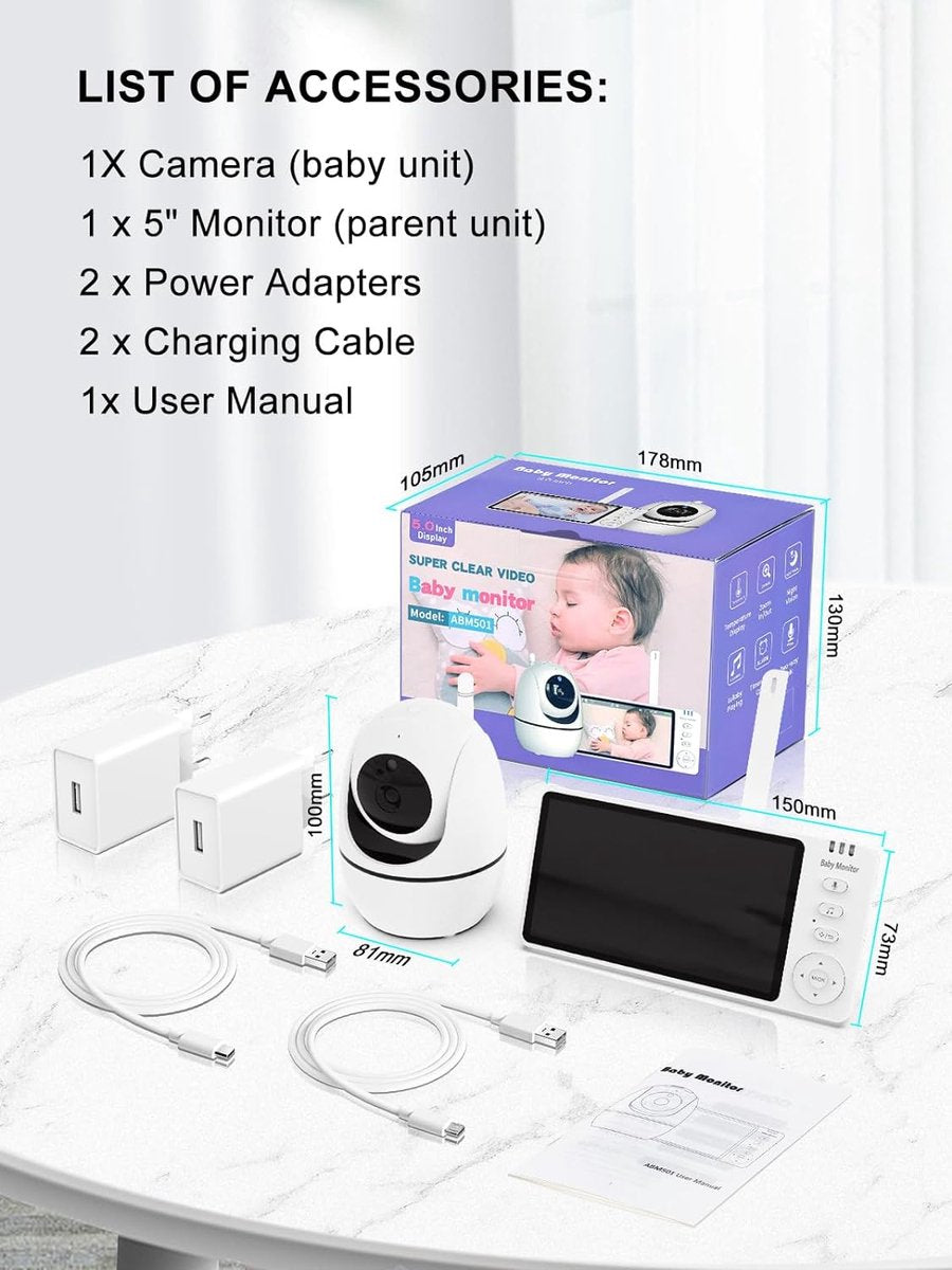 5 inch Babyfoon Camera 720p met Nachtzicht, VOX-communicatie, Tweeweg-Temperatuursensor en 8 Slaapliedjes - 3500mAh