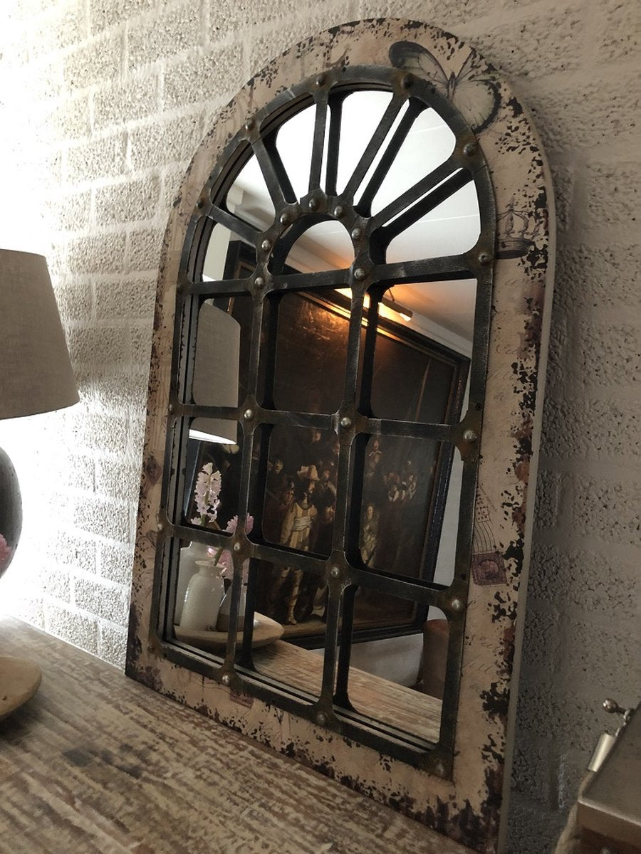 Large, sturdy stable window mirror, beautifully shaped and robustly made.