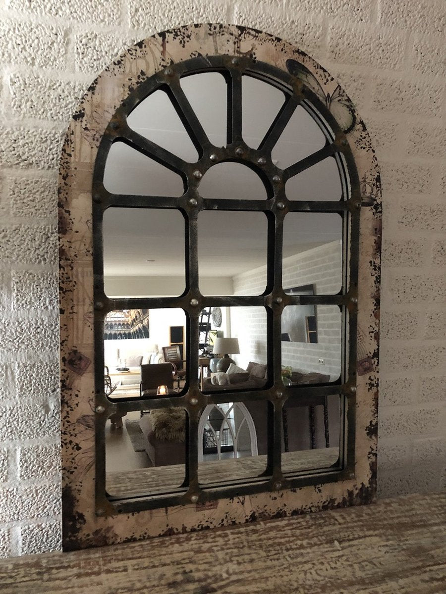 Large, sturdy stable window mirror, beautifully shaped and robustly made.