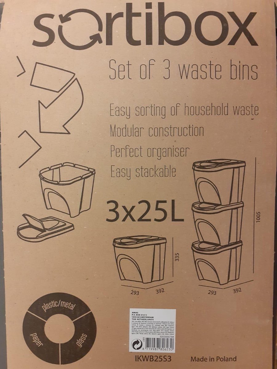 Afvalbak Sortibox Zwart (3 x 25 l)