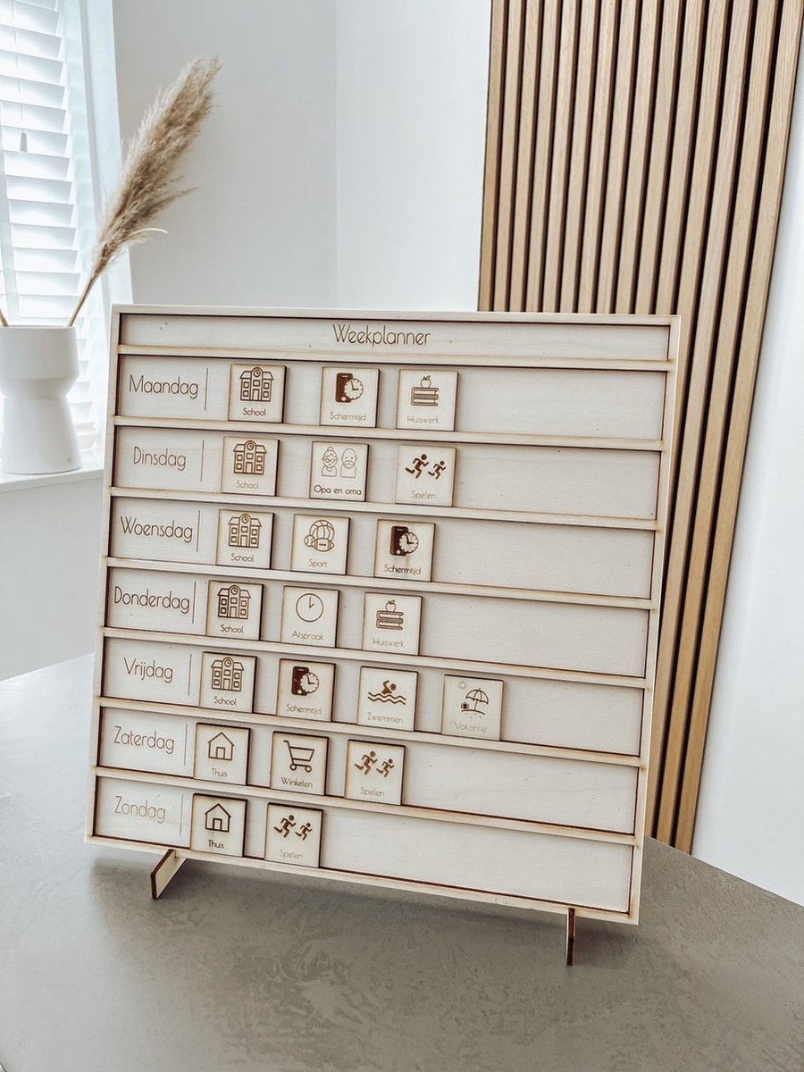 Houten weekplanner met houder en standaardpictogrammen