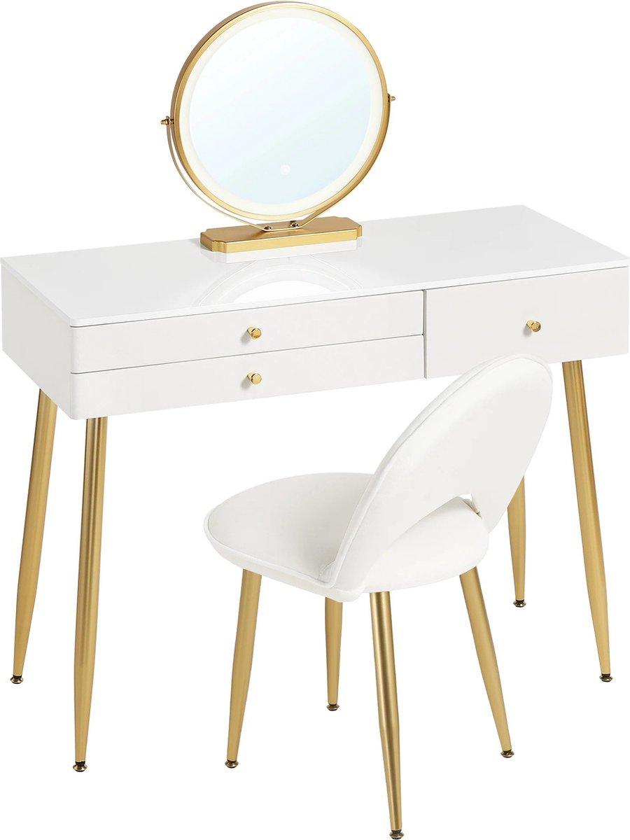 vanBoni Dressing Table with Mirror and Lights - Makeup Table - Dressing Table with Three Drawers - Velvet Stool - Desk - Dressers - White Gold - 100x40x122 cm