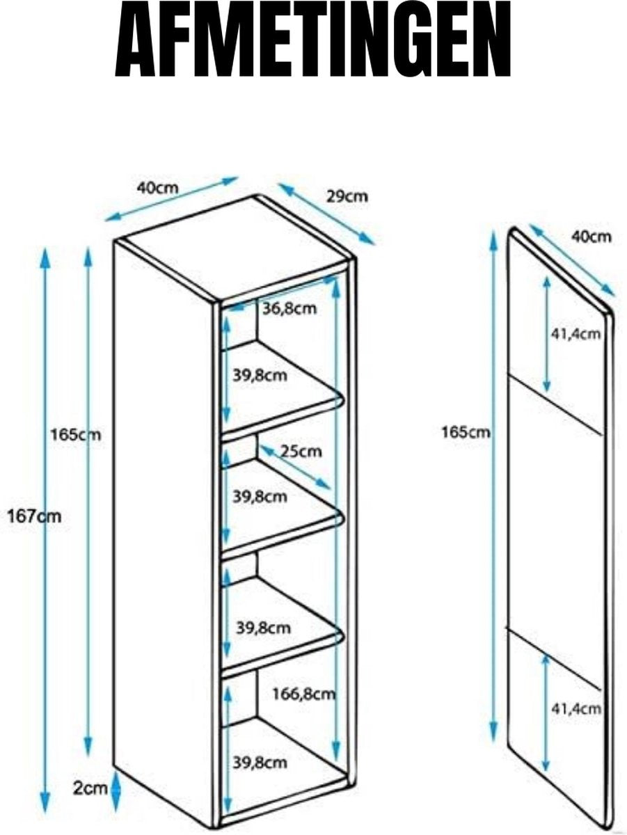 Vitrinekast met ledverlichting - Vitrinekast met glas - Vitrinekasten woonkamer - Verzamelkast - Vitrinekast voor in de keuken, woonkamer, eetkamer, slaapkamer – Wit - 40 x 167 x 29 cm