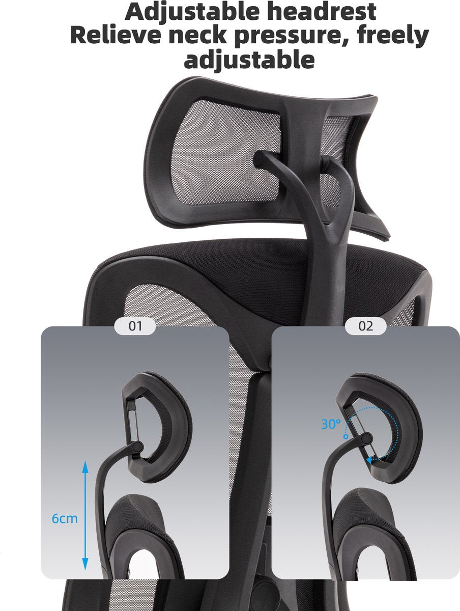 Ergonomic Office Chair - Desk Chair - Adjustable Headrest - Black - Height Adjustment 117-125cm - Swivel Office Chair - With wheels