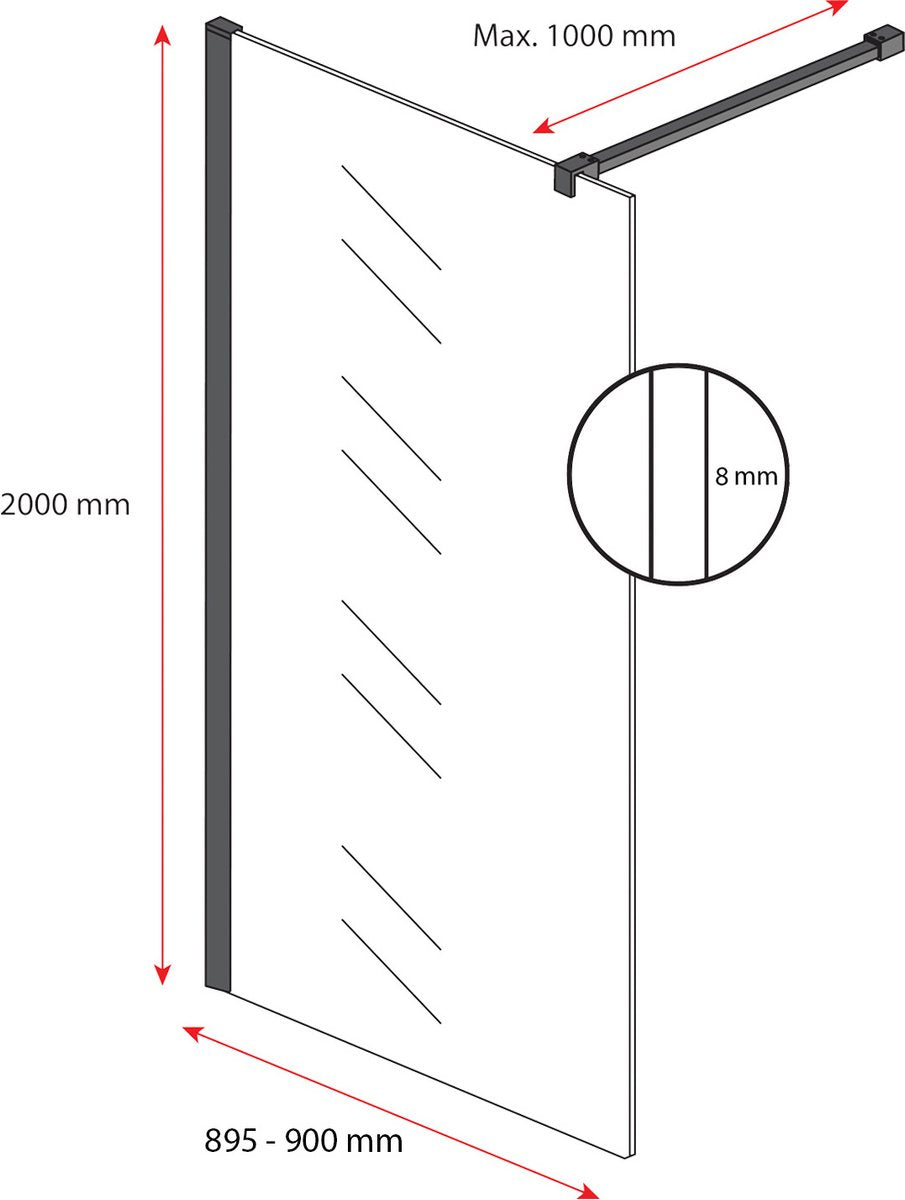 Badplaats Douchewand Florida 90 x 200 cm - Zwart – Inloopdouche 8 mm Veiligheidsglas