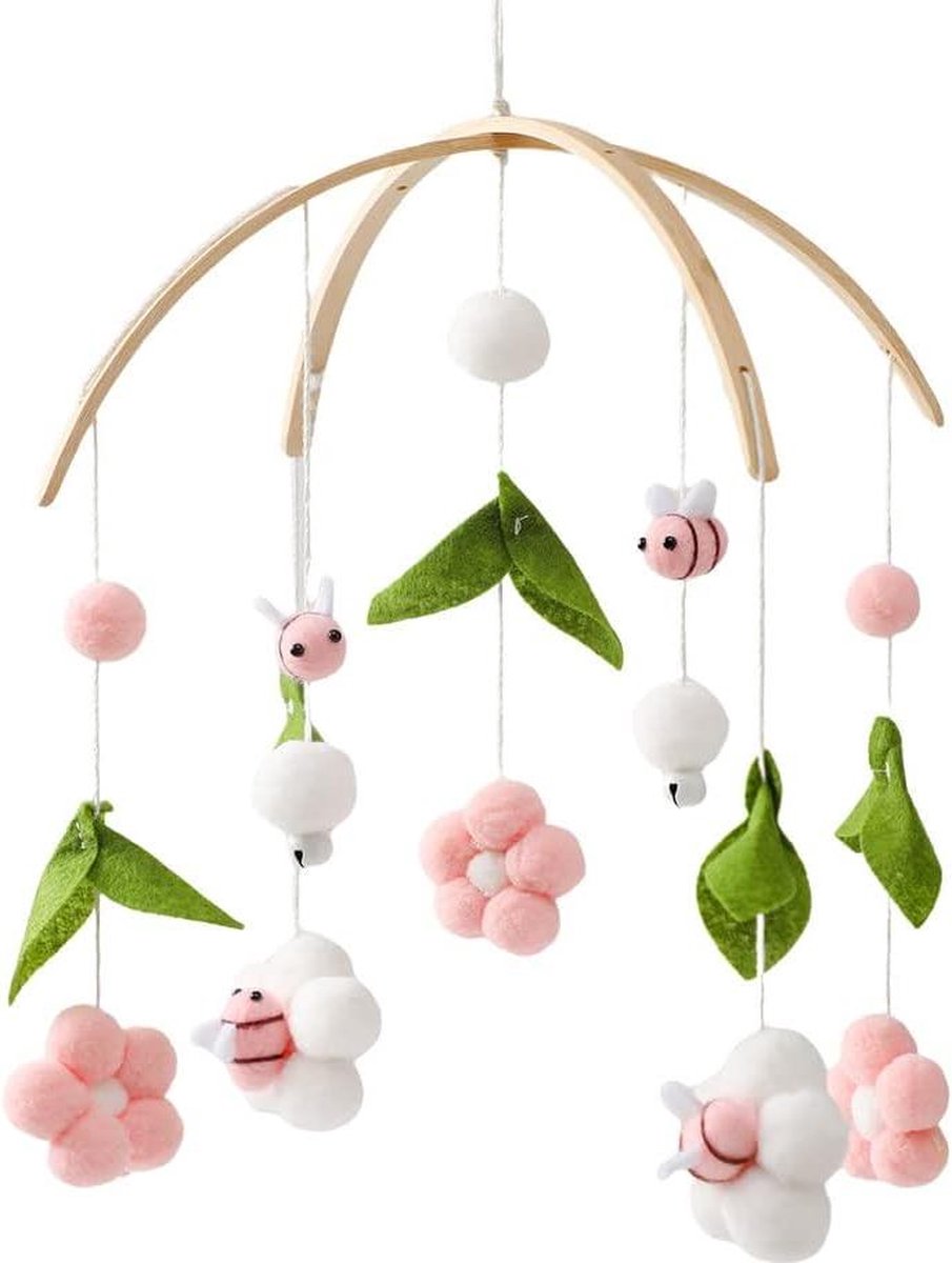 Baby mobile with music felt balls flowers - Mobile baby wind chime 3D flowers - Mobile baby wood felt balls - Baby mobile with music girl bed bell - Mobile baby boys girls crib decoration. baby mobile with music