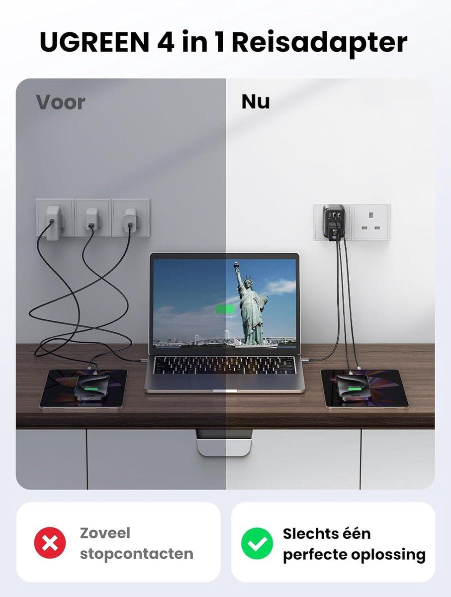Reisadapter VK 30W Adapter Engeland Duitsland Stekker met 2 USB, 1 USB C en 1 Type G aansluiting 4-in-1 Reisstekker GaN voor Groot-Brittannië, Ierland, Schotland, Dubai, Malediven, Maleisië - UGREEN