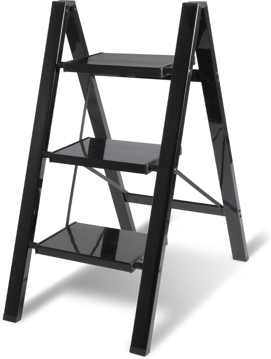 Stepladder Folding Ladder 3 Steps Kitchen Step Stool Foldable - Anti-Slip - Step Ladder Alu Black