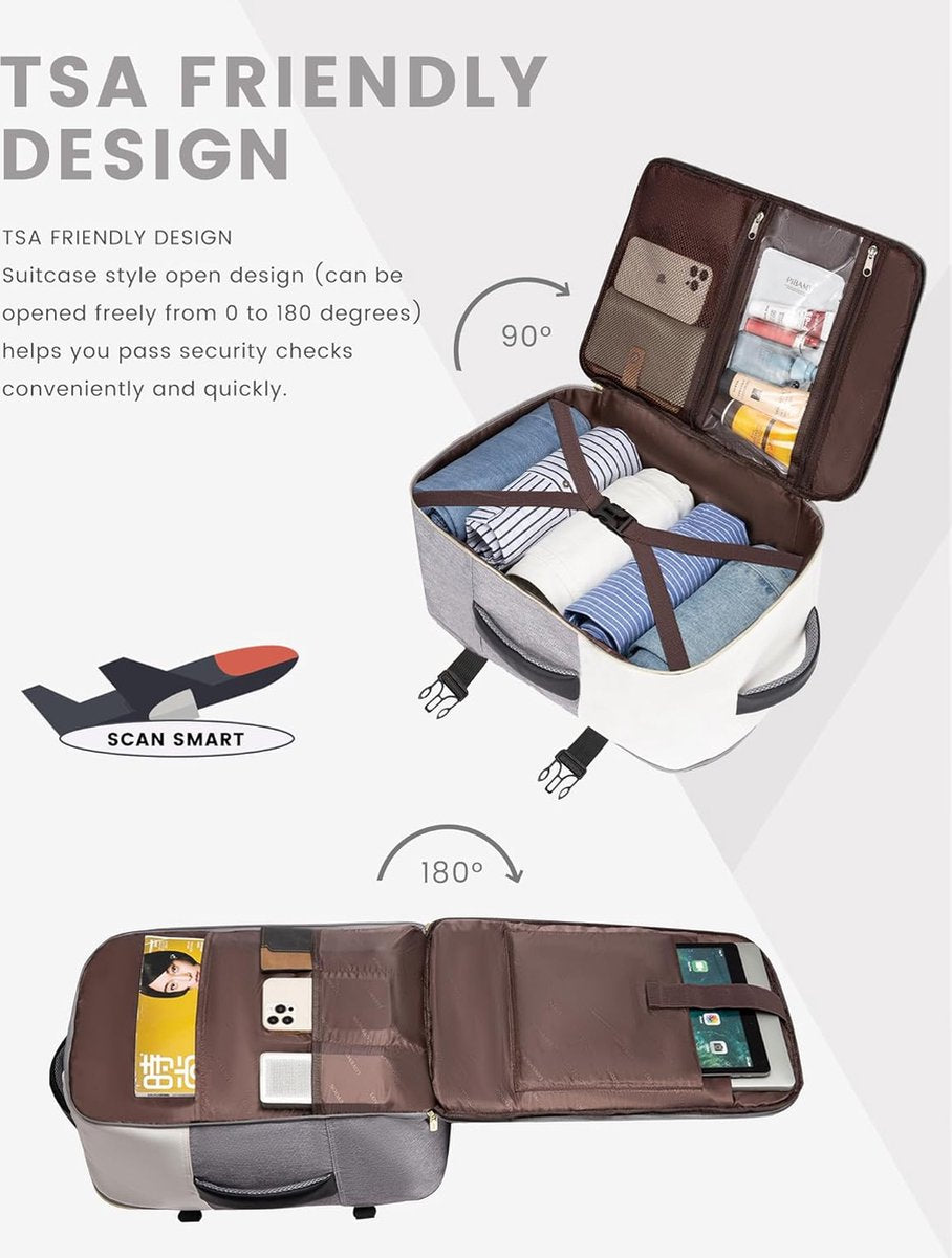 Backpack handbagage vliegtuig, 40 liter, grote reisrugzak voor dames en heren, voor Ryanair Easyjet, laptoprugzak, 17 inch, reisrugzak voor reizen, zaken, beige, zwart, bruin