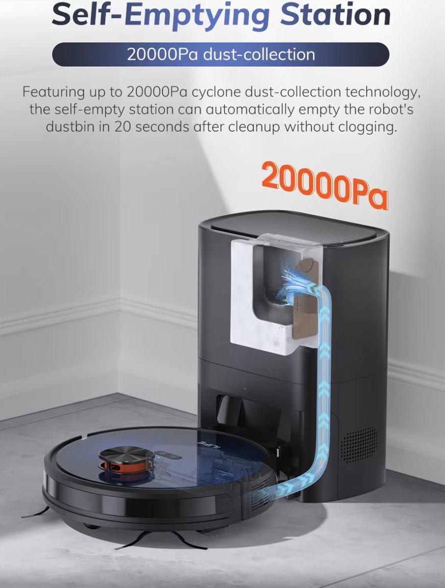 J&R Robotstofzuiger - Automatische lediging - Stofzuiger - Spraakbediening - Zuigen en dweilen - WiFi - 3KPa Zuigkracht - Slimme mapping - Alexa - Google Assistant - Zwart