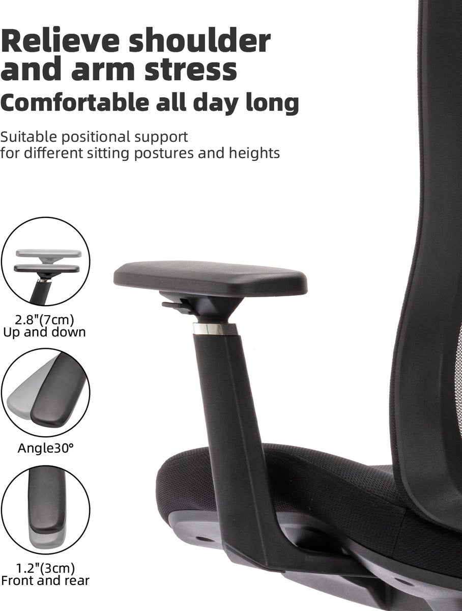Ergonomic Office Chair - Office Chair - Adjustable Headrest - Black - Height Adjustment 117-125cm - Swivel Office Chair - With Wheels