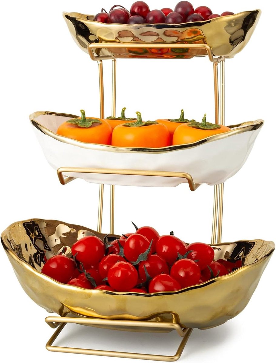 Ceramische fruitschalen met 3-laags metalen rek - fruitmand keramiek - ovale gelaagde keramische serveerschaalset - snoep, snack, noten, cake, dessert - feest, restaurant (goud)