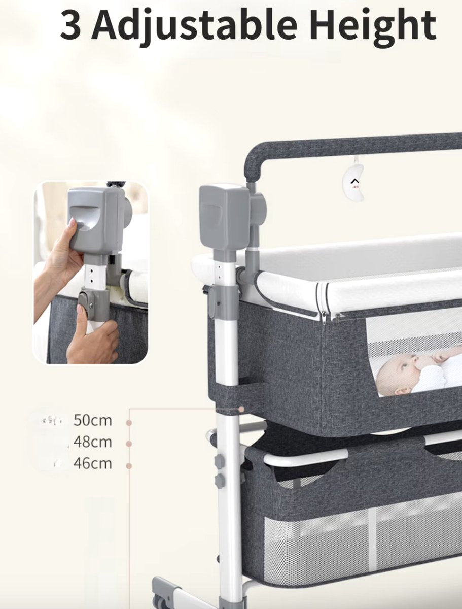 J&R Babybed - Elektrisch babybed - Wieg - Babybedje - Ledikant - Bluetooth - Verplaatsbaar - Draagbaar - Klamboe - Bruin/Khaki