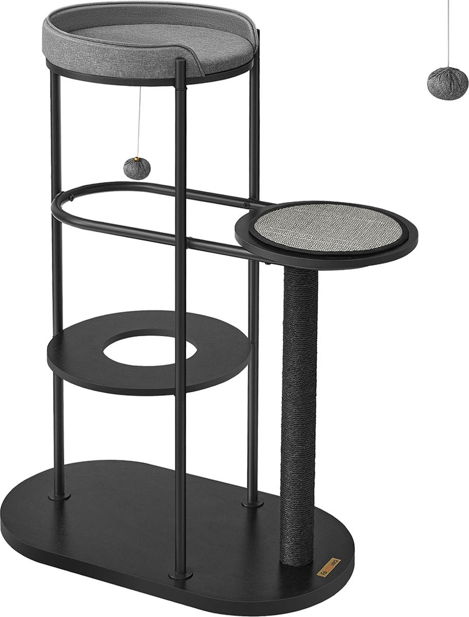 Cat scratching post - modern cat tree - metal tubes - with cushion and platform - sisal post - cat toy ball - for small - large - old cat - classic black - 80 x 43 x 111 cm