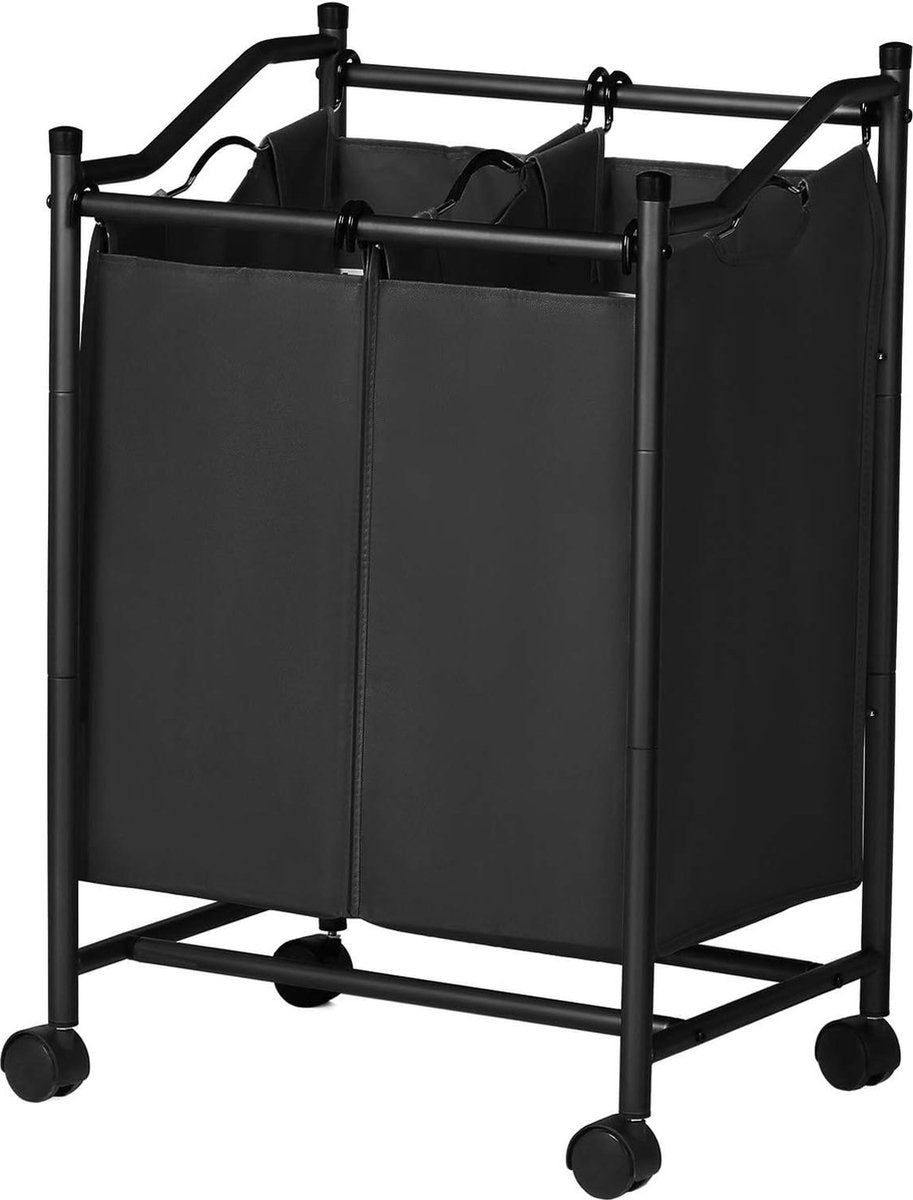 Laundry sorter with wheels - 2 compartments - laundry basket for laundry collector - laundry cart with removable bags - capacity 90 liters - black laundry sorter