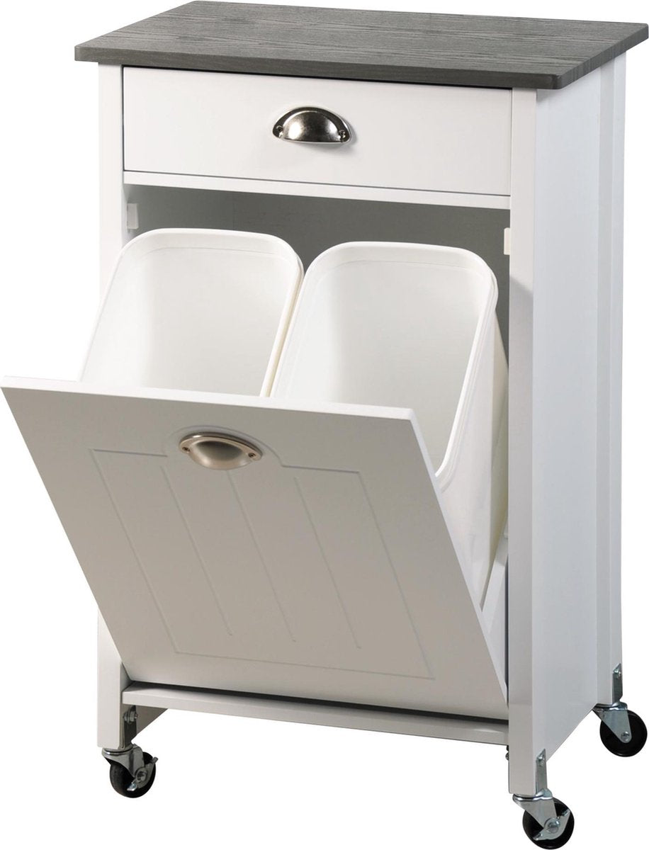 Waste separation bin 2 bins with drawer and top - 37x50x79 cm - White