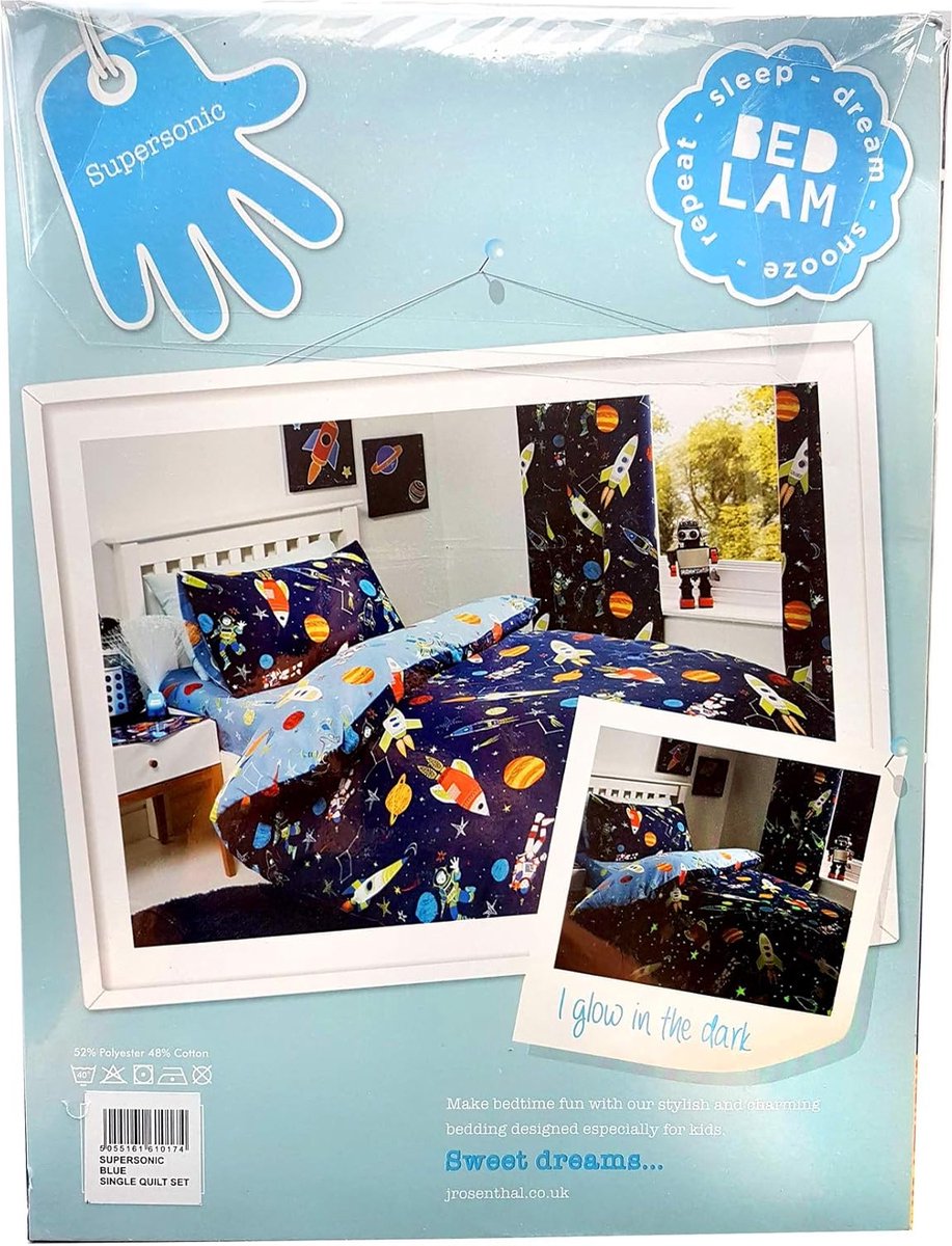 Bedlam Supersonic Glow in the Dark Dekbedovertrekset, 52% polyester, 48% katoen, blauw, dekbedovertrekset: eenpersoons
