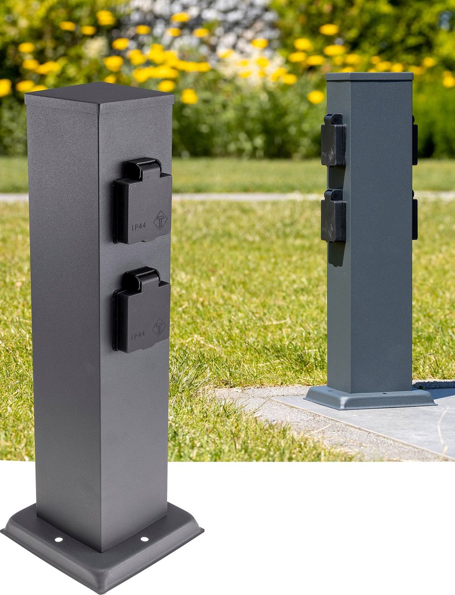Garden pole with ground spike - Outdoor socket - 2 sides double (4x) - 47cm column - black IP44