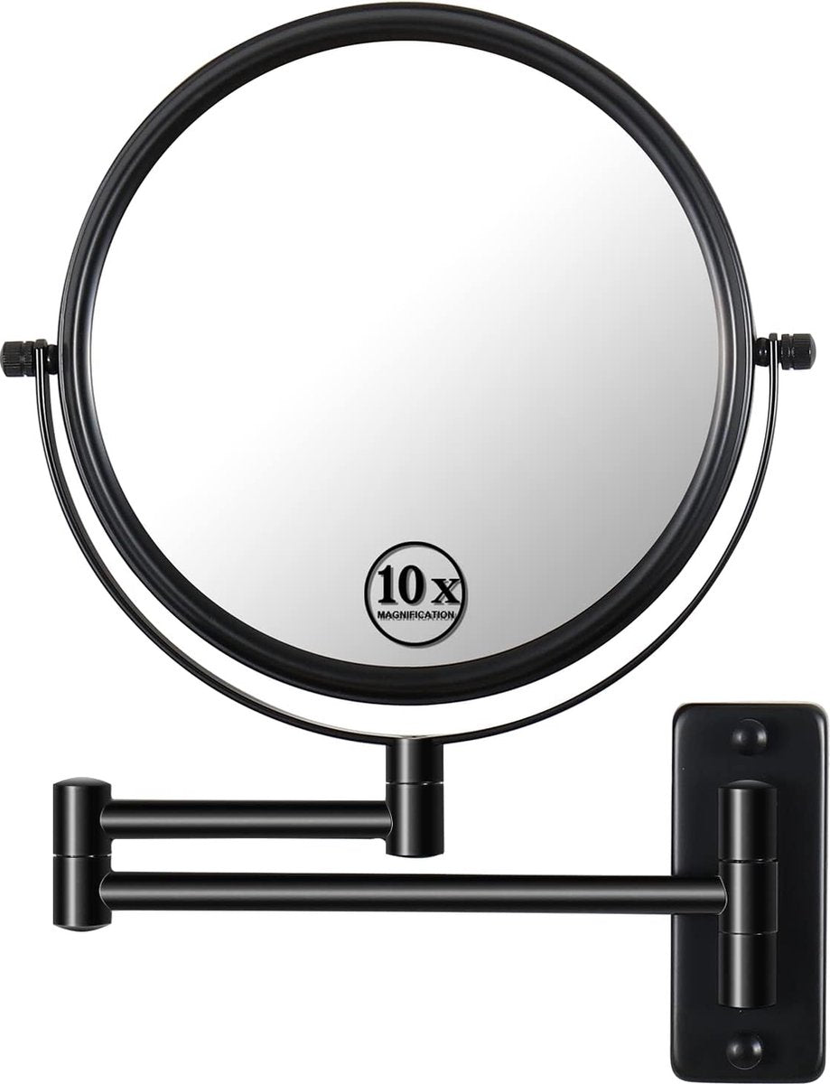 Make-upspiegel, 1 x / 10 x vergroting, diameter 20 cm, 360 graden dubbelzijdige uitschuifbare scheerspiegel, ronde arm, make-upspiegel voor badkamer, zwarte roestvrijstalen spiegel voor dames, meisjes