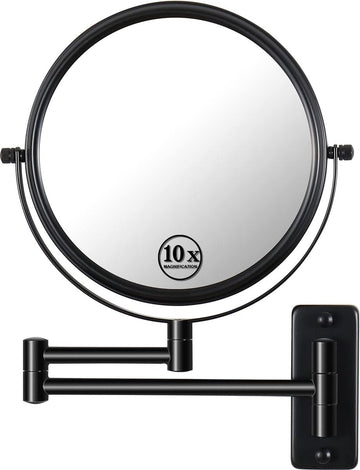 Make-upspiegel, 1 x / 10 x vergroting, diameter 20 cm, 360 graden, dubbelzijdig uittrekbare scheerspiegel, ronde arm, make-upspiegel voor badkamer, zwarte roestvrijstalen spiegel voor dames, meisjes