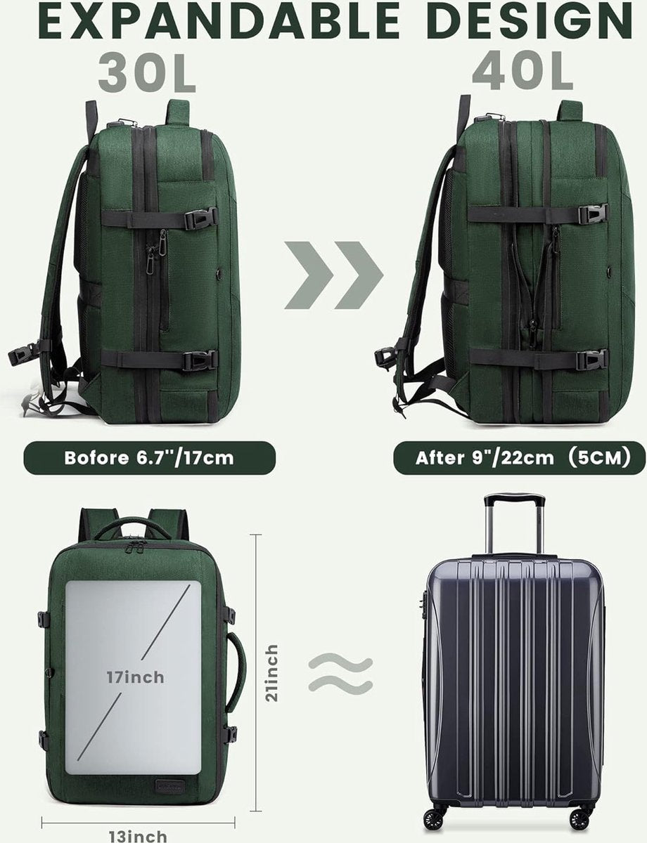 Reisrugzak, handbagage, vliegtuig, rugzak, handbagage, vliegtuig, zakelijke rugzak, heren, dames, uitbreidbaar, laptoprugzak voor 17,3 inch voor weekends, donkergroen