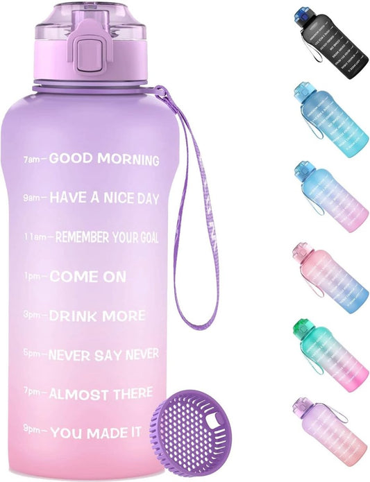 Waterfles 1,5 liter, lekvrij, 1500 ml waterfles, geschikt voor sport, koolzuurhoudende dranken, BPA-vrij, sportfles met filter en tijdmarkering voor fietsen, fitness, lila roze