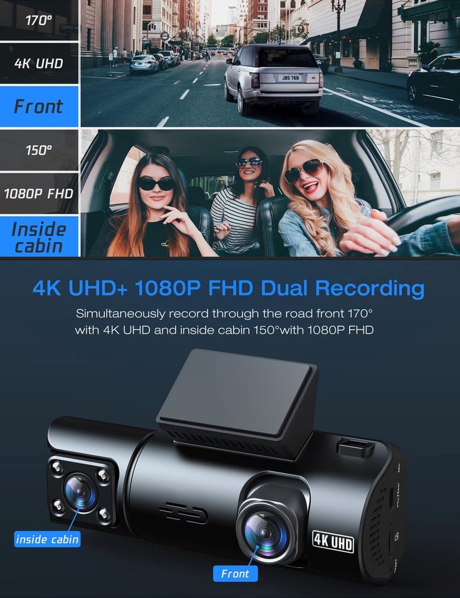 Dashcam - Dashcam Voor Auto - Dashcam Voor Auto Voor En Achter - 4K - Infrarood Nachtzicht