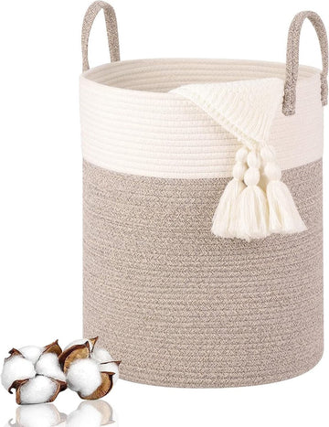 Gevlochten Katoenen Wasmand, 53 Liter, Wasmand met Handvat, Wasmand Speelgoed, Wasmand Opbergbox voor Kinderkamer, Woonkamer, Badkamer, 46 x 38 cm